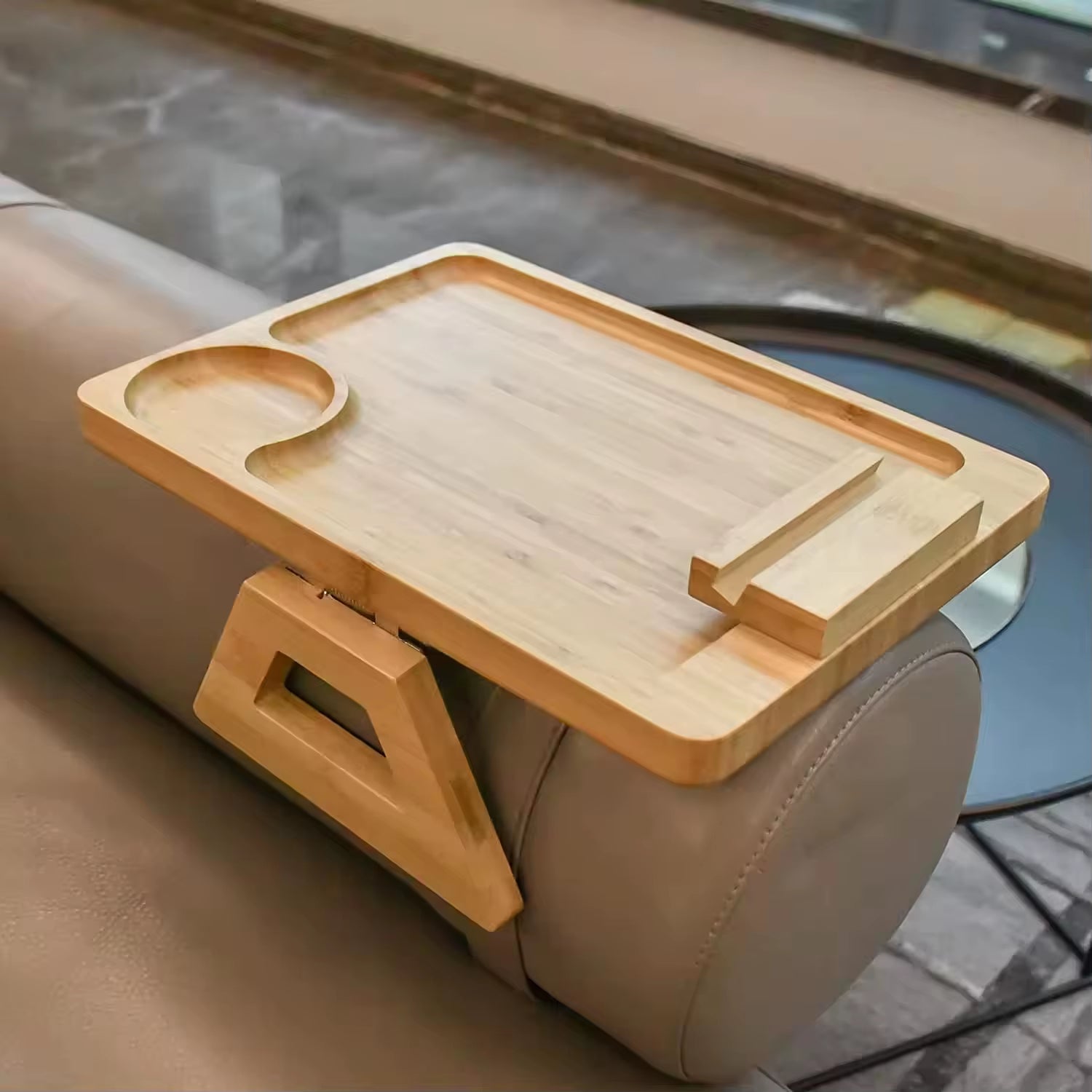 AM Foldable Bamboo Couch Arm Tray Table Couch Sofa Armrest Tray Coffee Side Table with 360 Rotating