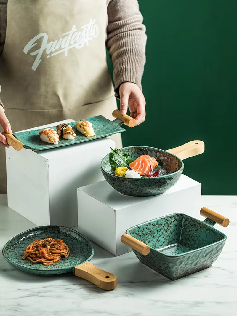Ceramic Sushi Plate Steak Plates Deep Square Bowl Shallow Dish Restaurant Serving Trays with Wooden Handle