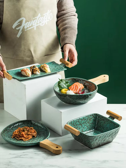 Ceramic Sushi Plate Steak Plates Deep Square Bowl Shallow Dish Restaurant Serving Trays with Wooden Handle