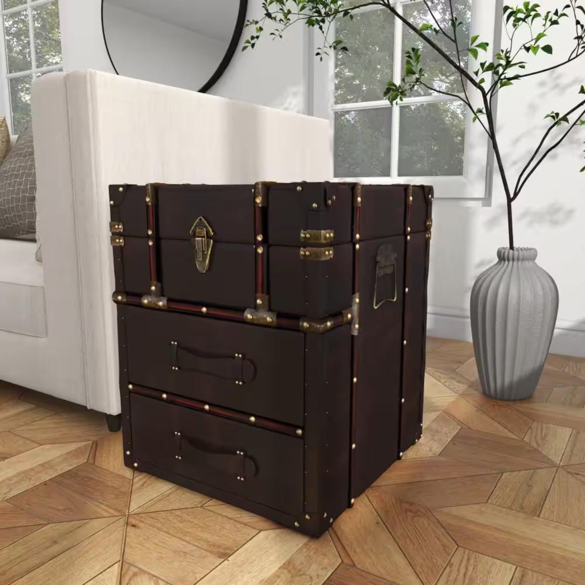 18 In. W Dark Brown Faux Leather Vintage Faux Leather 2 Drawer Cabinet with Buckle Hinged Top