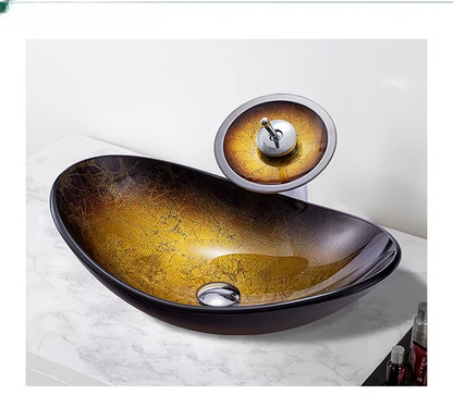 Sleek Boat-Shaped Tempered Glass Sink Set – Blue Countertop Bathroom Lavabo with Waterfall Faucet