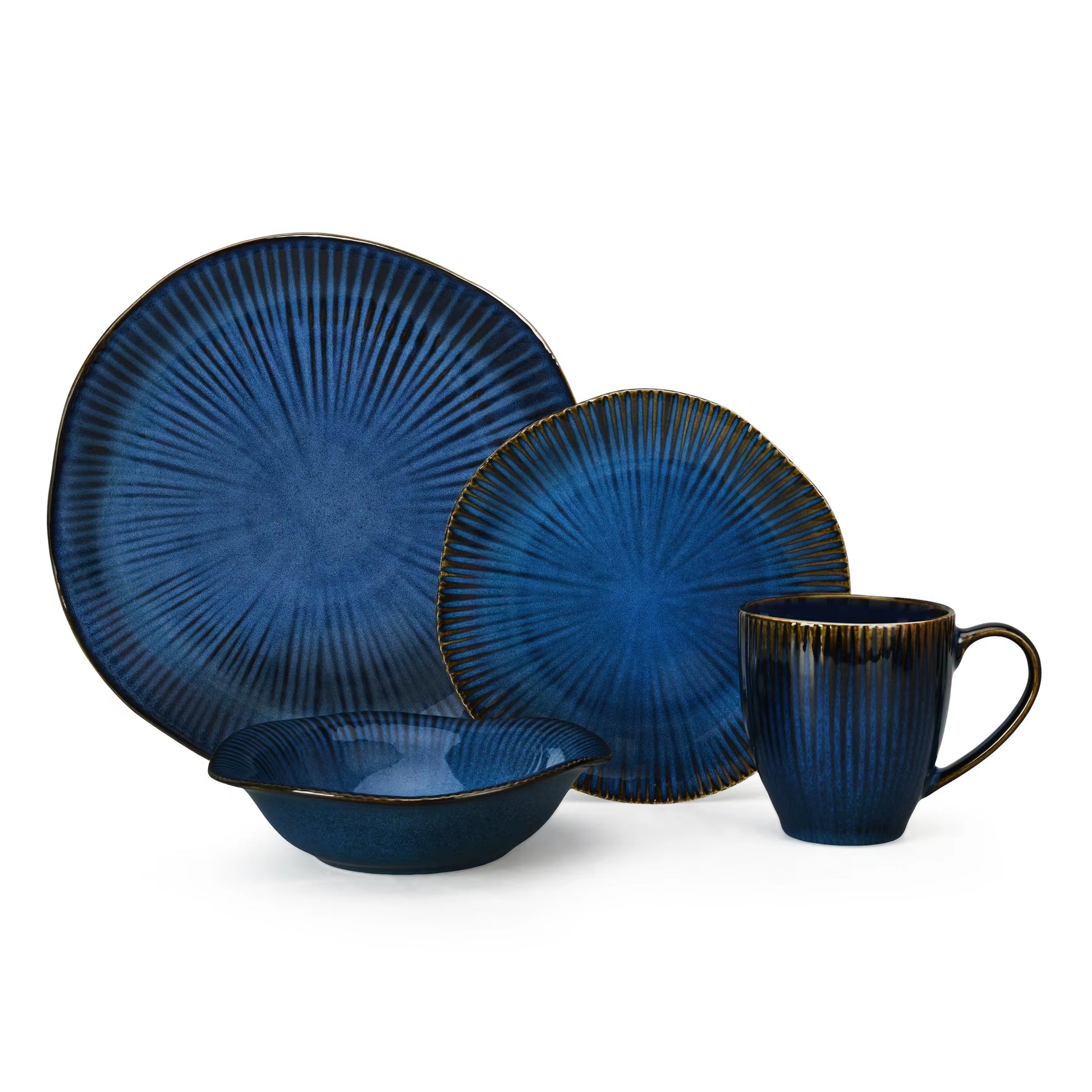 16Pcs Retro Blue Glaze Japanese Style Stoneware New round Dinner Plate Bowl Tableware Sets Blue Glaze Service Dinnerware Set