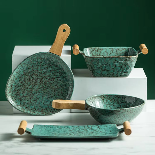 Ceramic Sushi Plate Steak Plates Deep Square Bowl Shallow Dish Restaurant Serving Trays with Wooden Handle