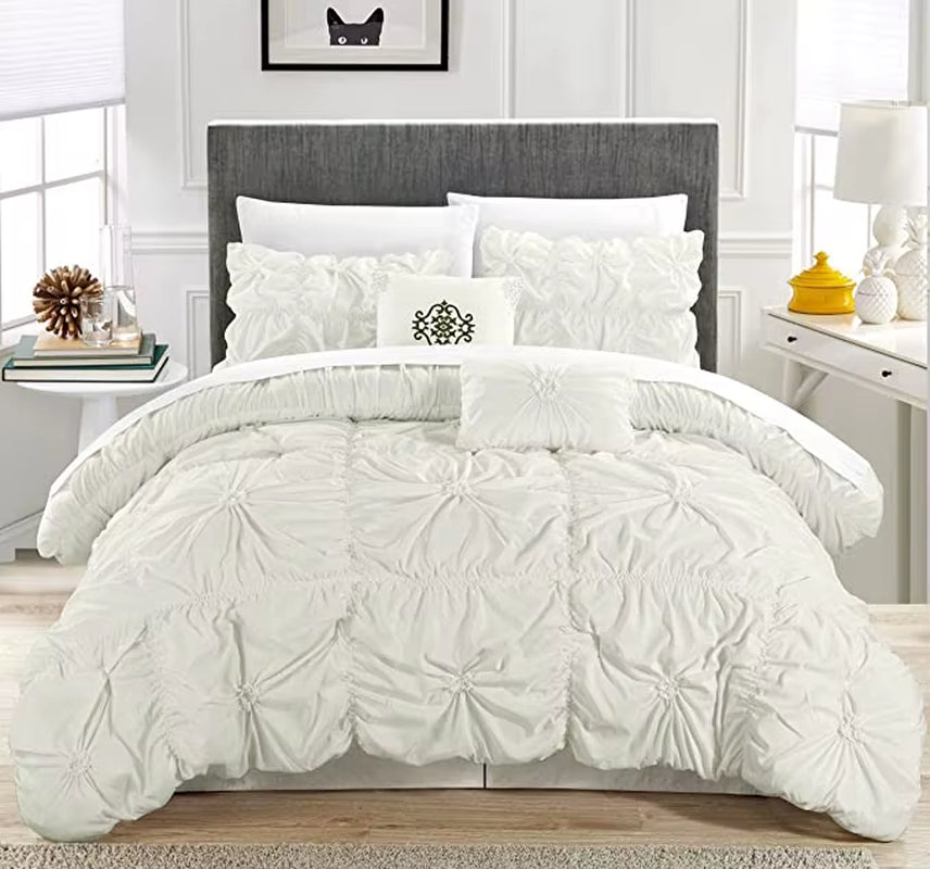 Chic Home Comforter Set Floral Pinch Pleated Ruffled Designer Embellished Bed Skirt, King, White