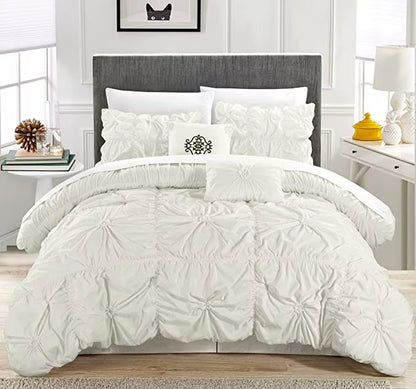 Chic Home Comforter Set Floral Pinch Pleated Ruffled Designer Embellished Bed Skirt, King, White