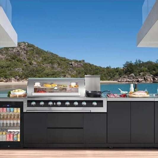 Italian-Inspired Outdoor Kitchen Cabinet Set – Green Egg BBQ, Brick Oven & Black Steel Modular Design