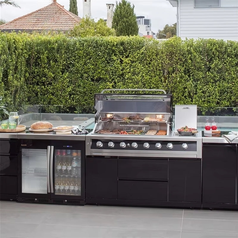 Italian-Inspired Outdoor Kitchen Cabinet Set – Green Egg BBQ, Brick Oven & Black Steel Modular Design