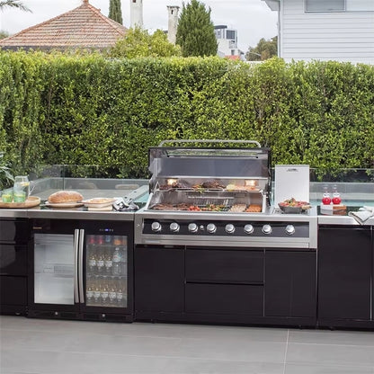 Italian-Inspired Outdoor Kitchen Cabinet Set – Green Egg BBQ, Brick Oven & Black Steel Modular Design