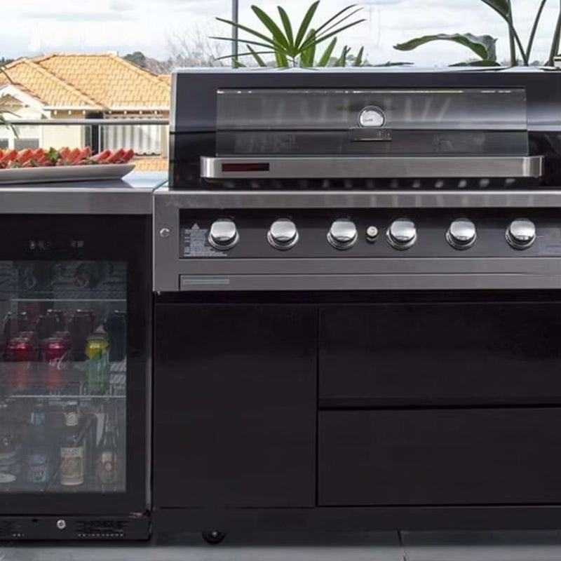 Italian-Inspired Outdoor Kitchen Cabinet Set – Green Egg BBQ, Brick Oven & Black Steel Modular Design